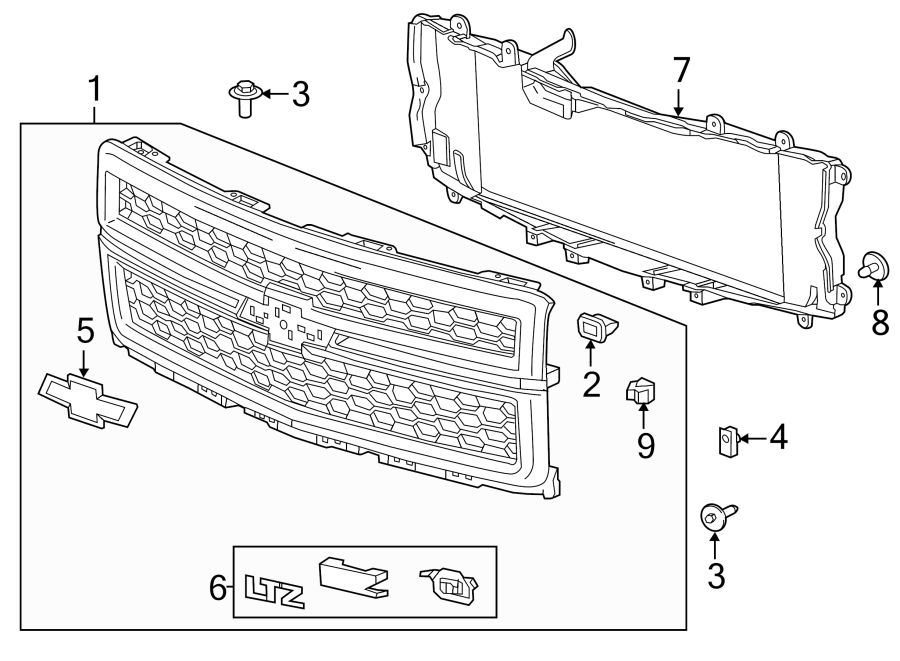 Diagram GRILLE & COMPONENTS. for your 2021 Chevrolet Silverado 3500 HD WT Cab & Chassis Fleetside  