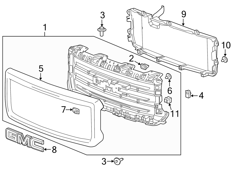 Diagram GRILLE & COMPONENTS. for your 2021 Chevrolet Silverado 3500 HD WT Cab & Chassis Fleetside  