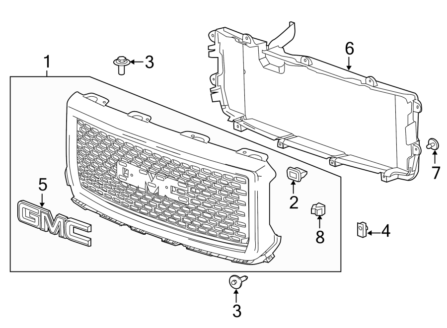 Diagram GRILLE & COMPONENTS. for your 2021 Chevrolet Silverado 3500 HD LT Cab & Chassis Fleetside  