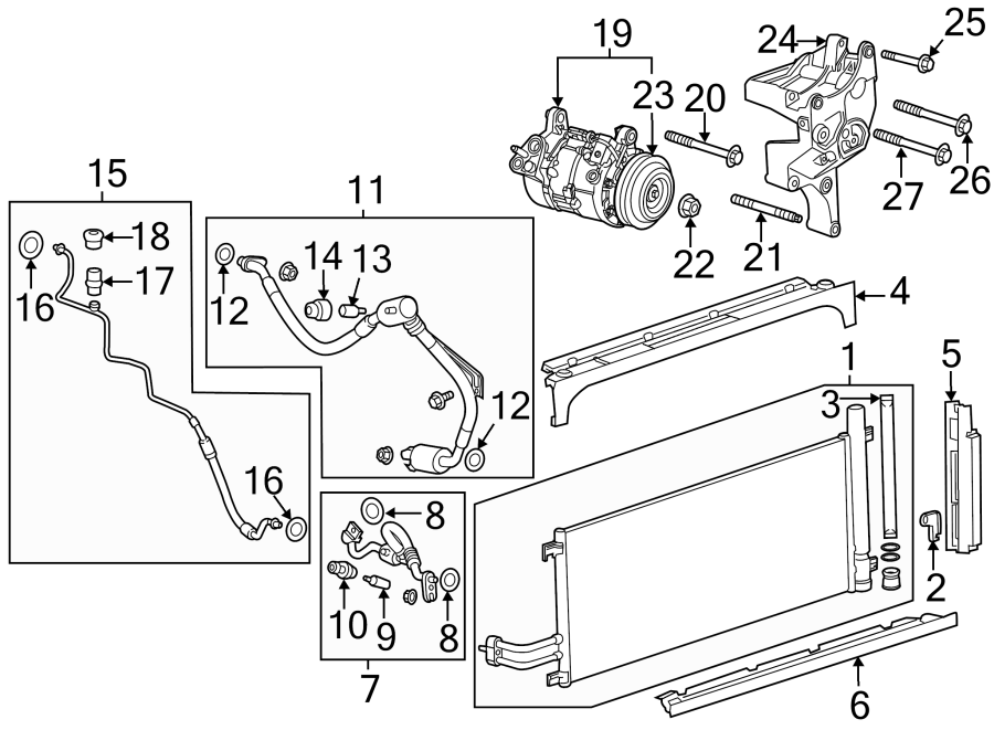 Diagram Air conditioner & heater. Compressor & lines. Condenser. for your 2011 GMC Sierra 2500 HD 6.0L Vortec V8 FLEX A/T 4WD WT Extended Cab Pickup Fleetside 