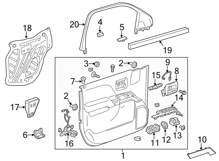 10Front door. Belts & pulleys. Interior trim.https://images.simplepart.com/images/parts/motor/fullsize/GH14620.png