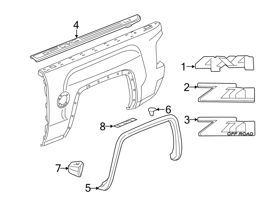 Diagram Pick up box. Exterior trim. for your 1997 Chevrolet K1500  Silverado Extended Cab Pickup Fleetside 5.7L Vortec V8 M/T 