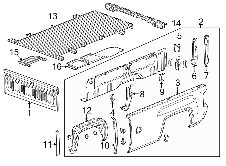 Diagram PICK UP BOX COMPONENTS. for your Chevrolet Silverado  