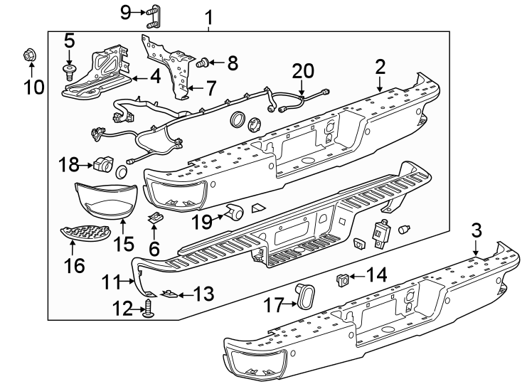 Diagram REAR BUMPER. BUMPER & COMPONENTS. for your 2021 Chevrolet Silverado 2500 HD High Country Crew Cab Pickup Fleetside  