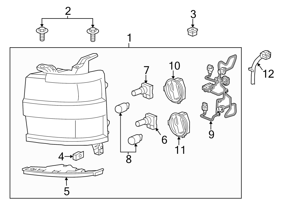 Diagram FRONT LAMPS. HEADLAMP COMPONENTS. for your 2017 Chevrolet Silverado 3500 HD WT Extended Cab Pickup Fleetside 6.6L Duramax V8 DIESEL A/T RWD 