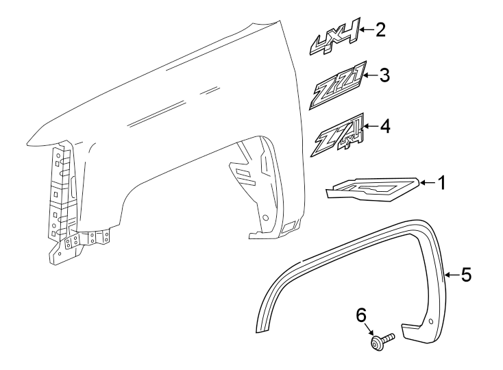 Diagram FENDER. EXTERIOR TRIM. for your 2024 Chevrolet Silverado   