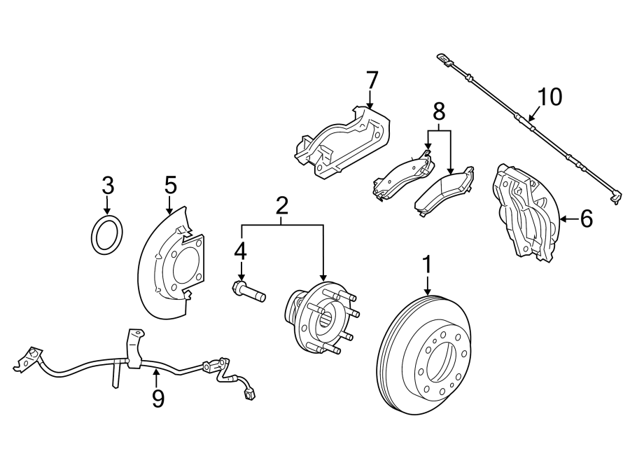 Diagram Front suspension. Brake components. for your 2021 GMC Sierra 2500 HD 6.6L Duramax V8 DIESEL A/T 4WD SLT Crew Cab Pickup 