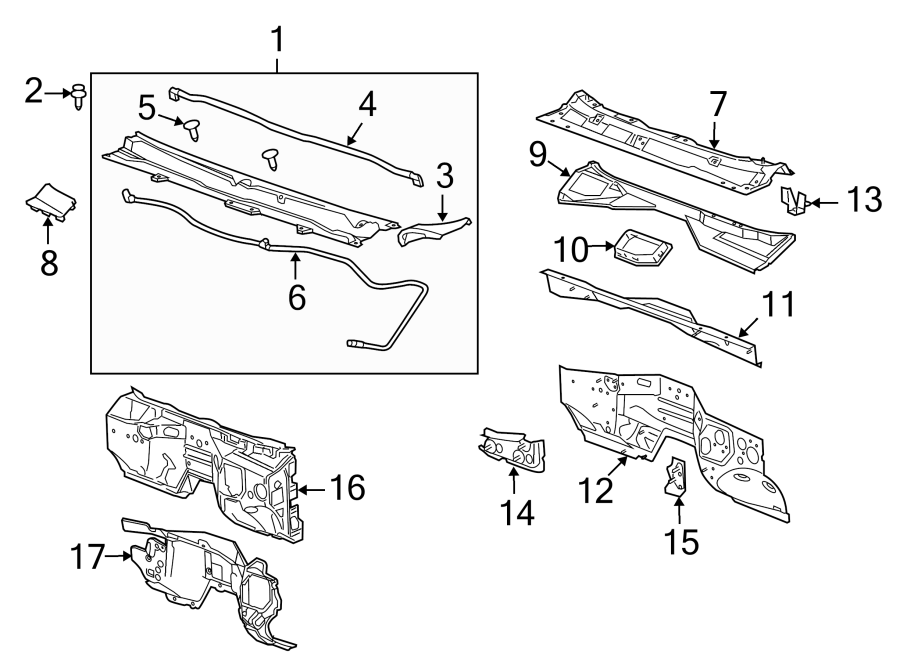 Diagram COWL. for your 2015 GMC Sierra 2500 HD 6.6L Duramax V8 DIESEL A/T 4WD SLE Standard Cab Pickup Fleetside 