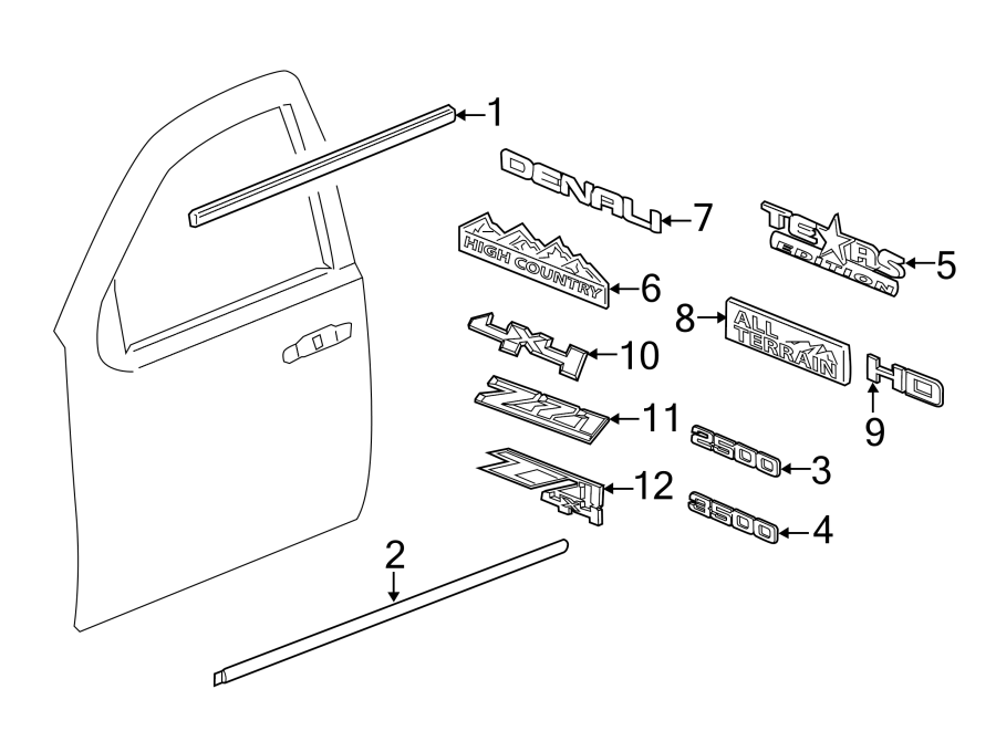 Diagram FRONT DOOR. EXTERIOR TRIM. for your 2011 Chevrolet Silverado   