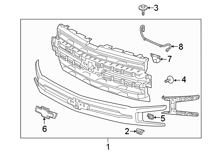 Diagram Grille & components. for your 2022 Chevrolet Silverado 1500 LTD LTZ Extended Cab Pickup Fleetside 5.3L EcoTec3 V8 A/T RWD 