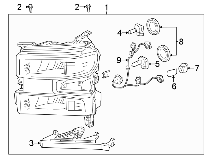 Diagram FRONT LAMPS. HEADLAMP COMPONENTS. for your 2007 GMC Sierra 1500 Classic SL Crew Cab Pickup 4.3L Vortec V6 M/T 4WD 