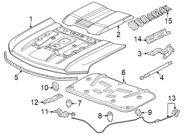 Diagram Hood & components. for your 2021 Chevrolet Silverado 2500 HD LTZ Extended Cab Pickup Fleetside  