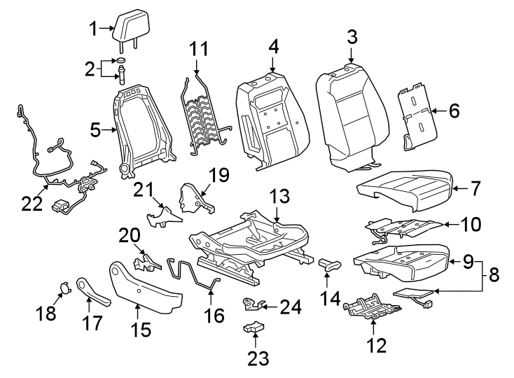 Diagram SEATS & TRACKS. PASSENGER SEAT COMPONENTS. for your 2024 Chevrolet Silverado 1500 RST Crew Cab Pickup Fleetside 3.0L Duramax 6 cylinder DIESEL A/T RWD 