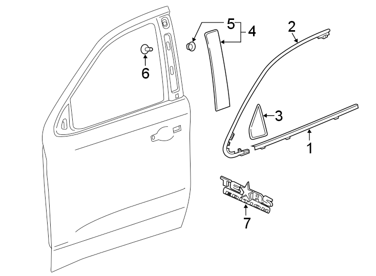 Diagram FRONT DOOR. EXTERIOR TRIM. for your 2024 Chevrolet Silverado 1500 RST Crew Cab Pickup Fleetside 3.0L Duramax 6 cylinder DIESEL A/T RWD 