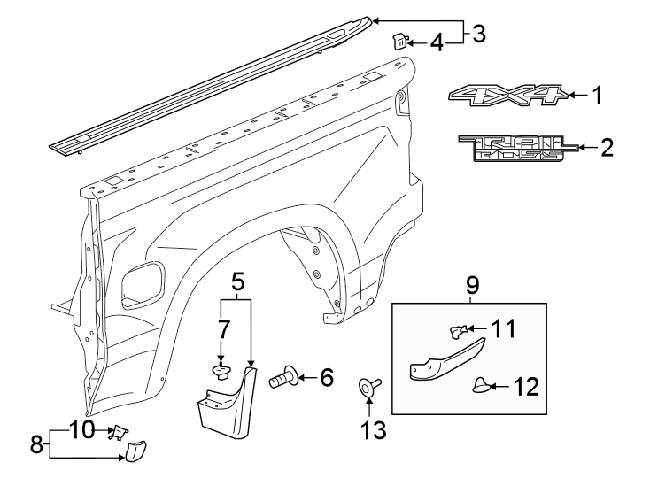 Diagram Pick up box. Exterior trim. for your 2021 Chevrolet Silverado 1500 WT Extended Cab Pickup Fleetside  