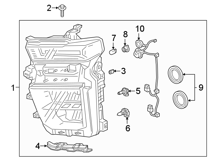 Diagram Front lamps. Headlamp components. for your 2022 Cadillac XT4   