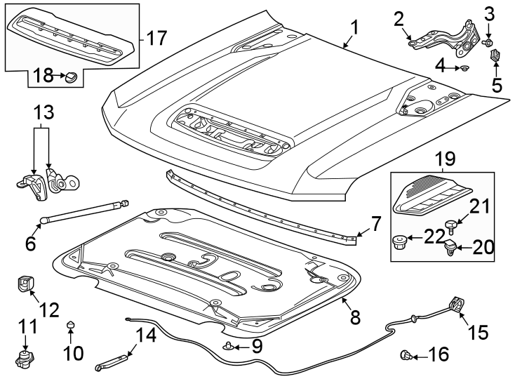 Diagram Hood & components. for your 2021 Chevrolet Silverado 2500 HD WT Extended Cab Pickup  