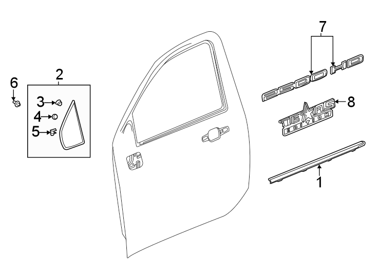 8Front door. Exterior trim.https://images.simplepart.com/images/parts/motor/fullsize/GH20688.png