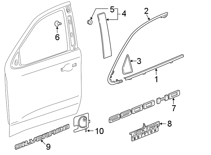 1Front door. Exterior trim.https://images.simplepart.com/images/parts/motor/fullsize/GH20710.png