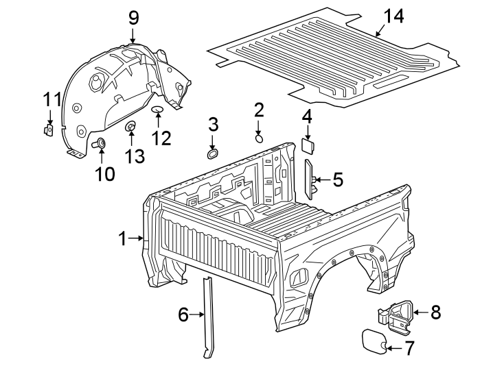 Diagram Pick up box. for your 2021 GMC Sierra 2500 HD 6.6L Duramax V8 DIESEL A/T 4WD SLE Extended Cab Pickup Fleetside 