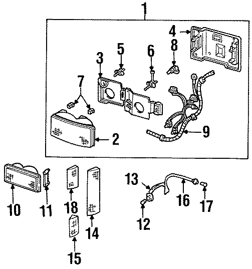 Diagram FRONT LAMPS. HEADLAMP COMPONENTS. PARK LAMPS. SIDE MARKER LAMPS. for your 2005 Chevrolet Silverado 3500 Base Standard Cab Pickup  