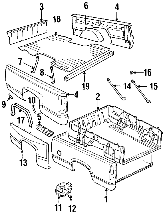 13PICK UP BOX. BOX ASSEMBLY. FLOOR. FRONT & SIDE PANELS.https://images.simplepart.com/images/parts/motor/fullsize/GH88240.png