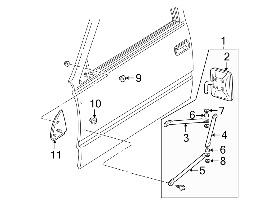 Diagram Front door. Outside mirrors. for your 1997 Chevrolet K1500  Silverado Extended Cab Pickup Fleetside 5.0L Vortec V8 A/T 