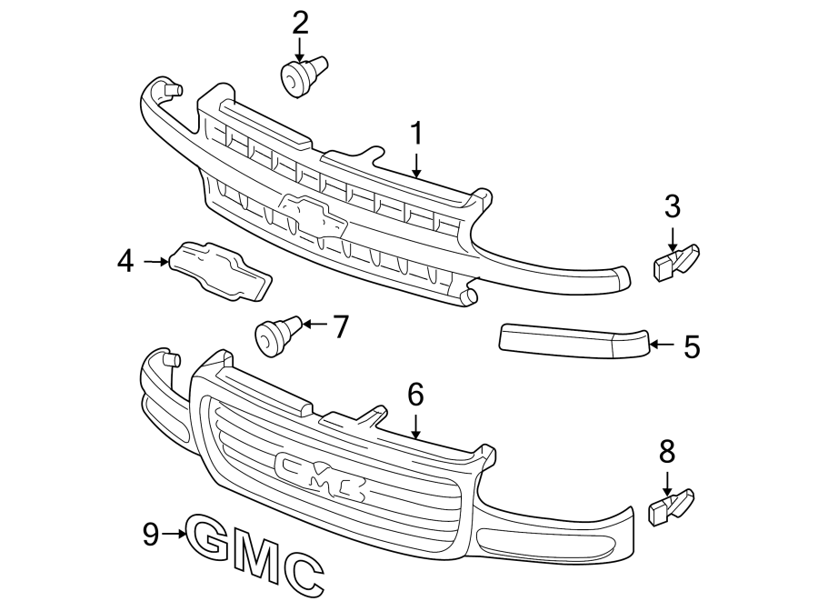 Diagram GRILLE & COMPONENTS. for your 2006 GMC Sierra 2500 HD 6.0L Vortec V8 M/T RWD SLE Standard Cab Pickup 