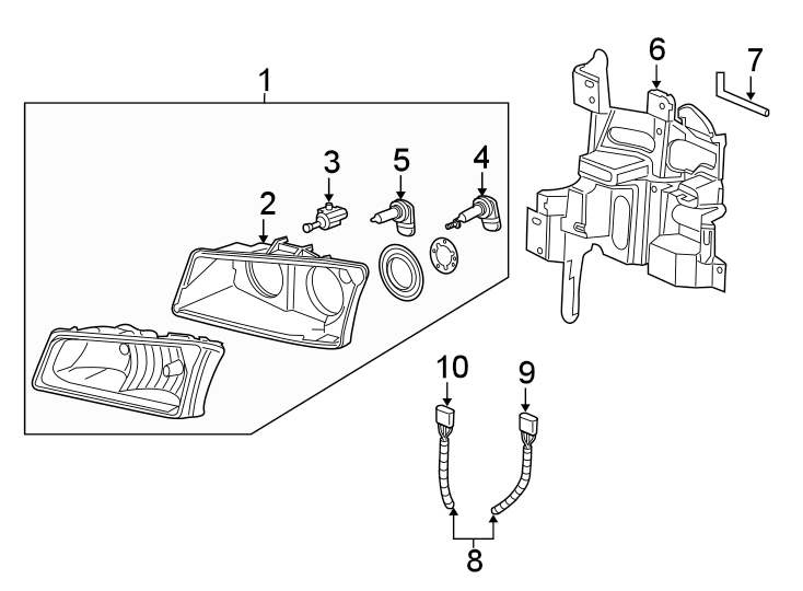 Diagram FRONT LAMPS. HEADLAMP COMPONENTS. for your 2005 Chevrolet Silverado 2500 HD LS Standard Cab Pickup 6.0L Vortec V8 CNG A/T 4WD 