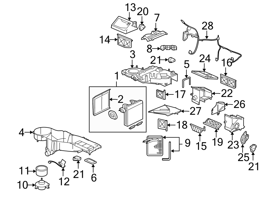 Diagram AIR CONDITIONER & HEATER. EVAPORATOR & HEATER COMPONENTS. for your 2006 GMC Sierra 2500 HD   