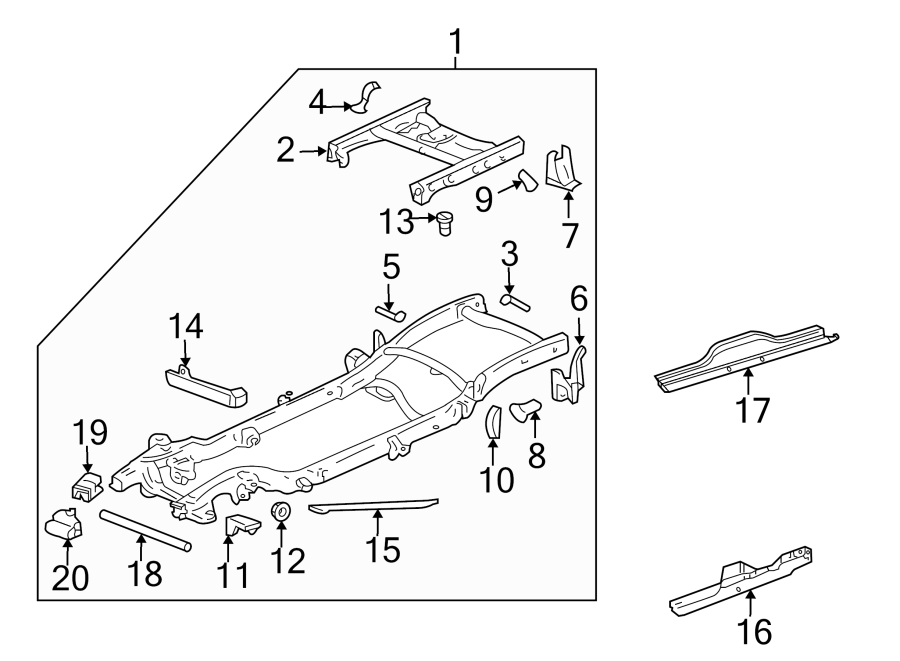 Diagram Frame & components. for your 2017 GMC Sierra 2500 HD 6.0L Vortec V8 A/T 4WD Base Crew Cab Pickup Fleetside 