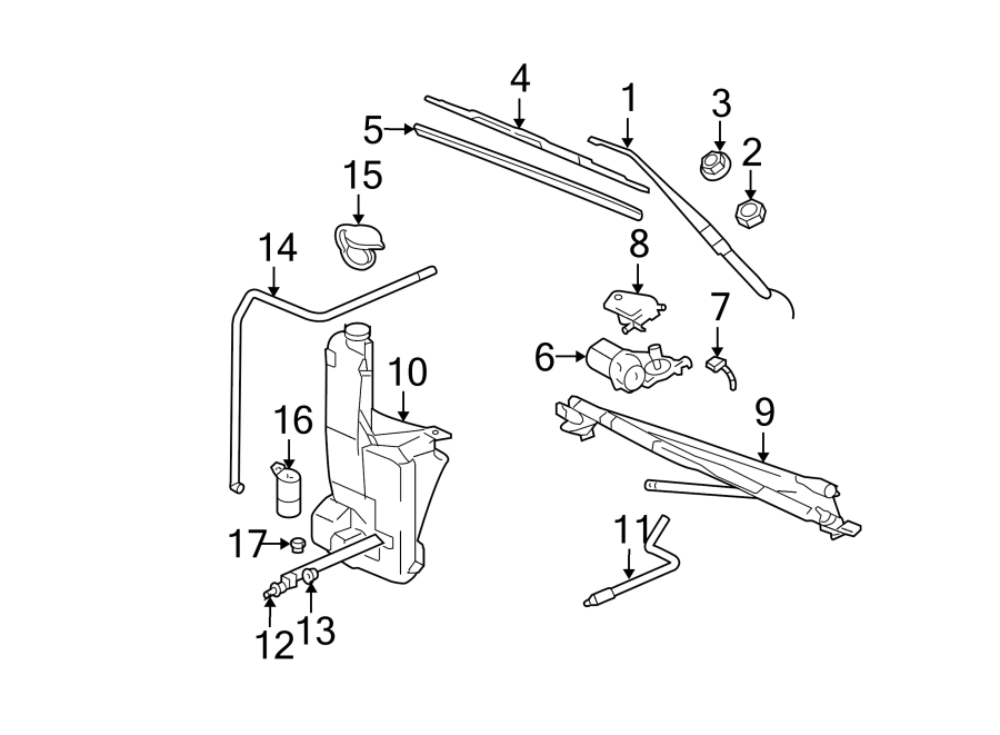 Diagram WINDSHIELD. WIPER & WASHER COMPONENTS. for your 2006 GMC Sierra 3500 6.6L Duramax V8 DIESEL A/T RWD SLE Extended Cab Pickup 