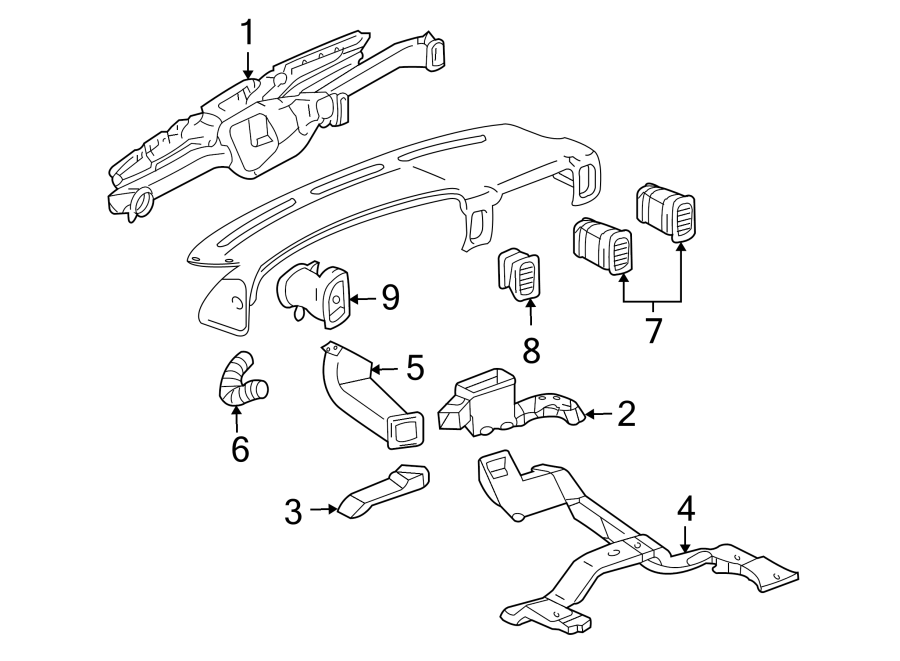 Diagram Instrument panel. Side loading door. Ducts. Rocker panel. for your GMC Sierra 3500 HD  