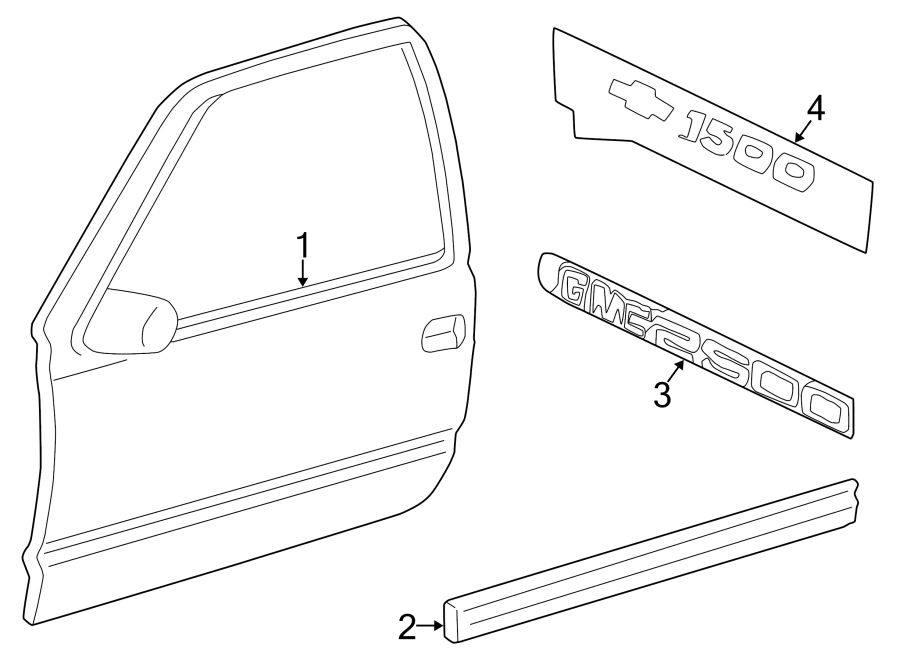 Diagram FRONT DOOR. EXTERIOR TRIM. for your 2006 GMC Sierra 3500 6.0L Vortec V8 A/T RWD SLE Standard Cab Pickup 