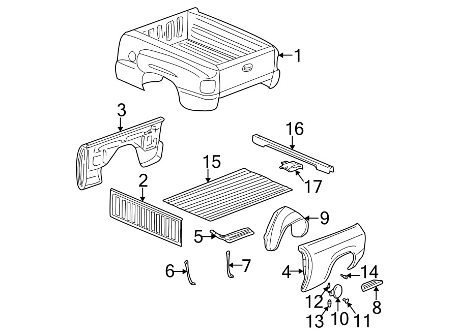 Diagram Pick up box. Box assembly. Floor. Front & side panels. for your 2005 Chevrolet Silverado 1500 LT Crew Cab Pickup 5.3L Vortec V8 A/T 4WD 