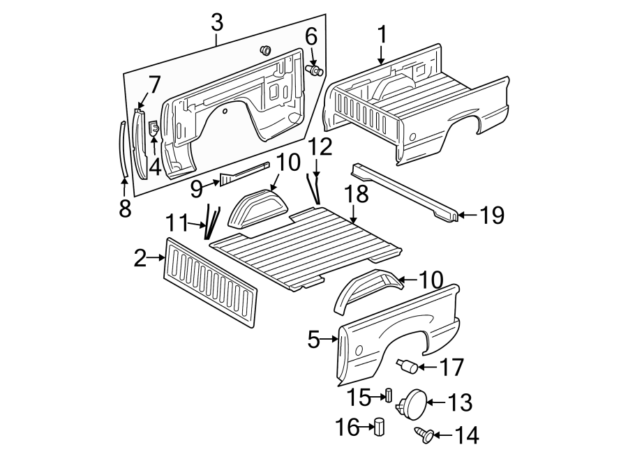 PICK UP BOX. BOX ASSEMBLY. FLOOR. FRONT & SIDE PANELS. Diagram