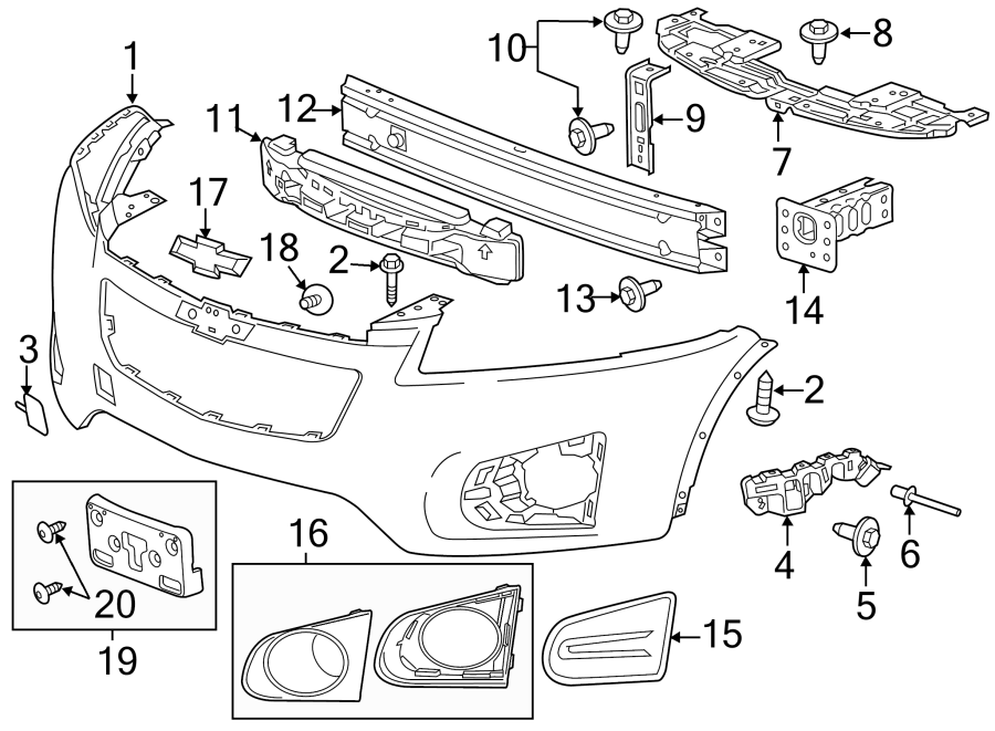 Diagram FRONT BUMPER & GRILLE. BUMPER & COMPONENTS. for your 2016 Chevrolet Camaro LT Coupe 2.0L Ecotec M/T 