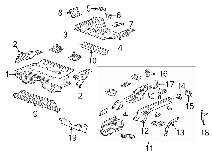 Diagram REAR BODY & FLOOR. FLOOR & RAILS. for your 2019 Chevrolet Impala   