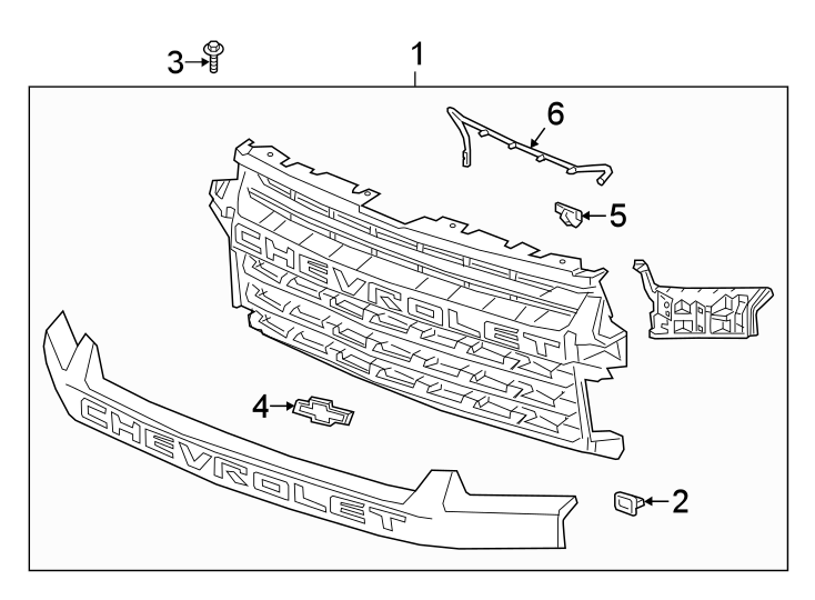 Diagram Grille & components. for your 2021 Chevrolet Silverado 3500 HD LT Extended Cab Pickup  