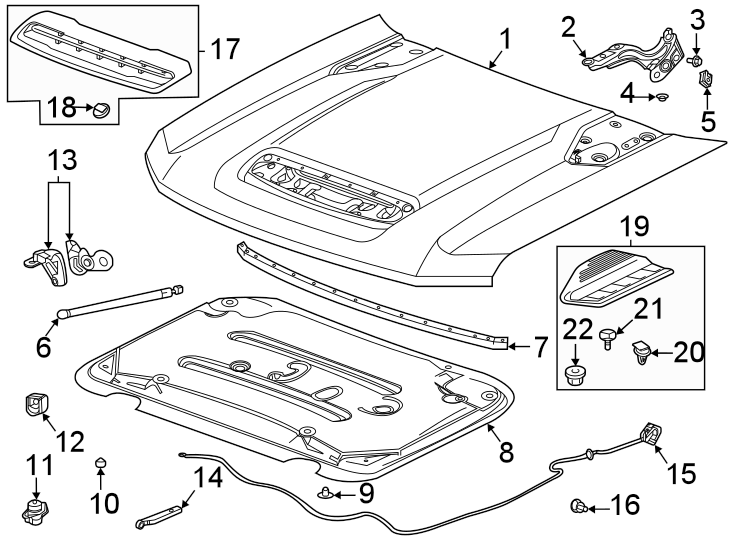 Diagram Hood & components. for your 2021 Chevrolet Silverado 3500 HD LTZ Crew Cab Pickup Fleetside 6.6L V8 A/T RWD 