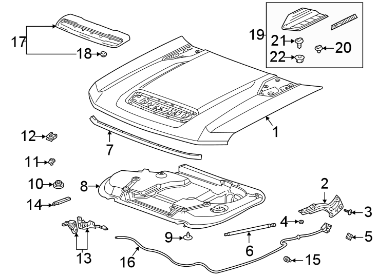 Diagram Hood & components. for your 2021 Chevrolet Silverado 3500 HD LT Extended Cab Pickup Fleetside  