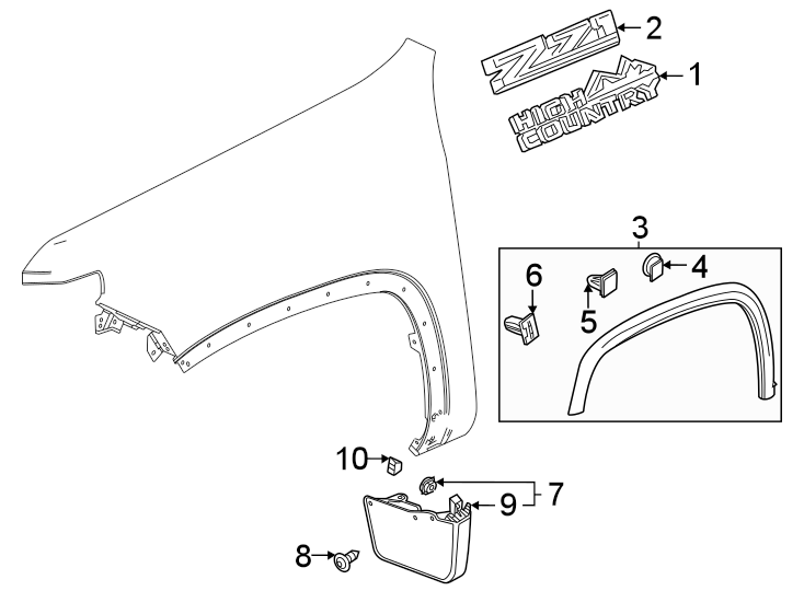 Diagram Fender. Exterior trim. for your 2023 Chevrolet Silverado 3500 HD WT Extended Cab Pickup Fleetside 6.6L Duramax V8 DIESEL A/T RWD 