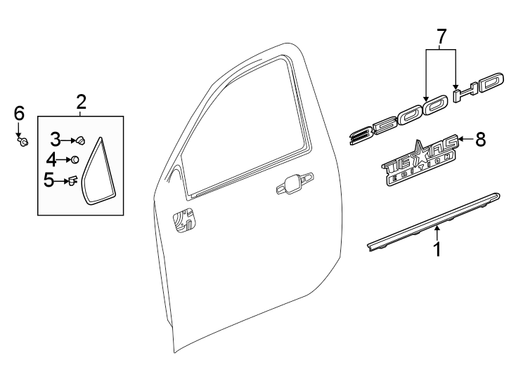 8Front door. Exterior trim.https://images.simplepart.com/images/parts/motor/fullsize/GJ20688.png