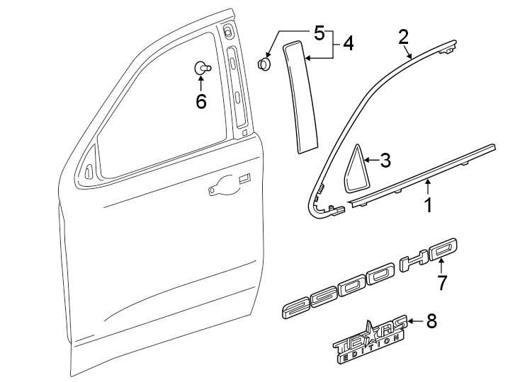 Diagram Front door. Exterior trim. for your 2023 Chevrolet Silverado 3500 HD WT Extended Cab Pickup Fleetside 6.6L Duramax V8 DIESEL A/T RWD 