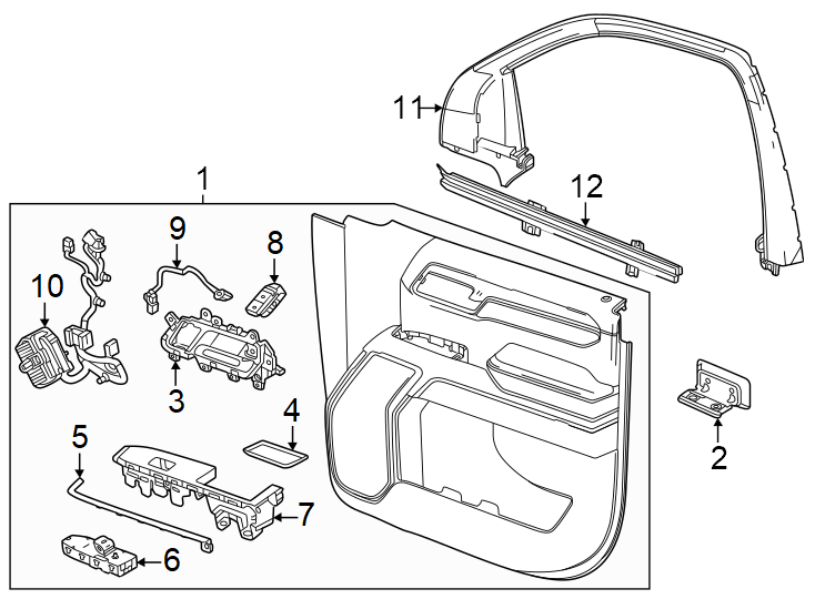 Diagram Front door. Interior trim. for your 2002 GMC Sierra 3500 6.0L Vortec V8 M/T RWD Base Extended Cab Pickup Fleetside 