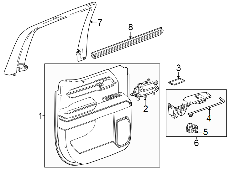 Diagram Rear door. Interior trim. for your 2002 GMC Sierra 3500 6.0L Vortec V8 M/T RWD Base Extended Cab Pickup Fleetside 