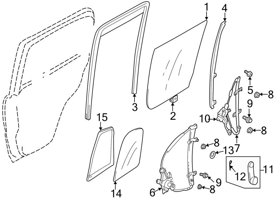 Diagram REAR DOOR. GLASS & HARDWARE. for your 2014 Chevrolet Spark 1.2L Ecotec M/T LT Hatchback 