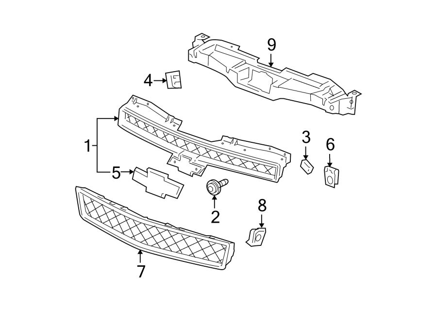 Diagram GRILLE & COMPONENTS. for your 2003 GMC Sierra 2500 HD 8.1L Vortec V8 A/T 4WD SLT Extended Cab Pickup 