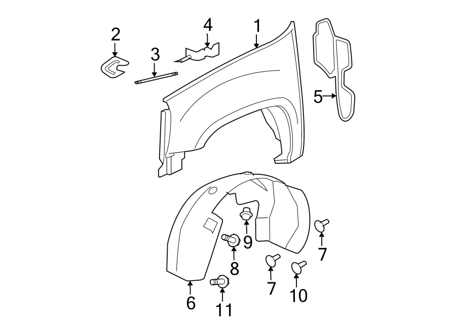 Diagram FENDER & COMPONENTS. for your 2021 GMC Sierra 2500 HD 6.6L Duramax V8 DIESEL A/T RWD Base Extended Cab Pickup Fleetside 