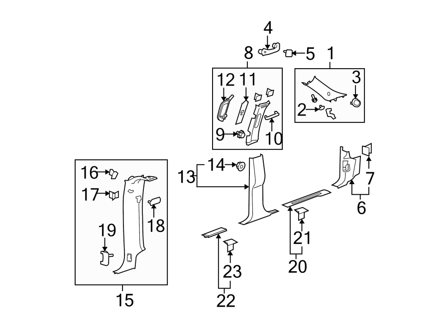 PILLARS. ROCKER & FLOOR. INTERIOR TRIM. Diagram